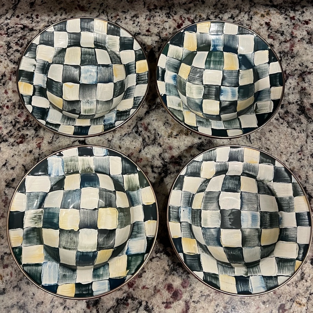 Mackenzie-Childs Vintage Courtly Check Victoria and Richard set of 4 Bowls. HTF!